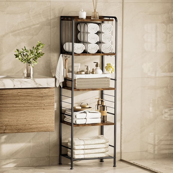 QW Towel Rack for Bathroom 5-Tier Towel Holder with M-Shaped Detachable Dividers Hooks Bathroom Towel Storage Organizer, Rustic
