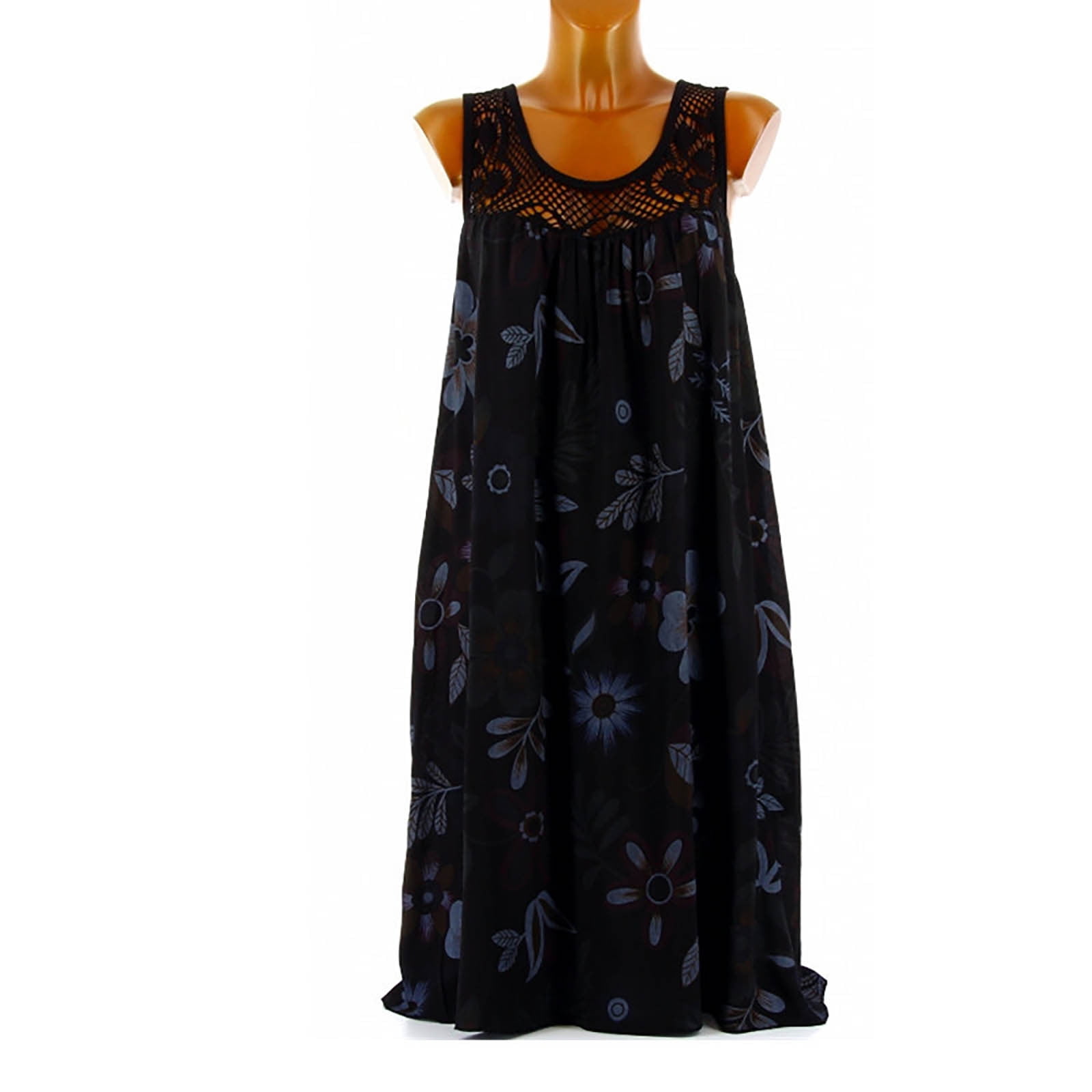 QWANG Fashion Plus Size Dress Women Sleevelss Lace Print Dress Loose ...