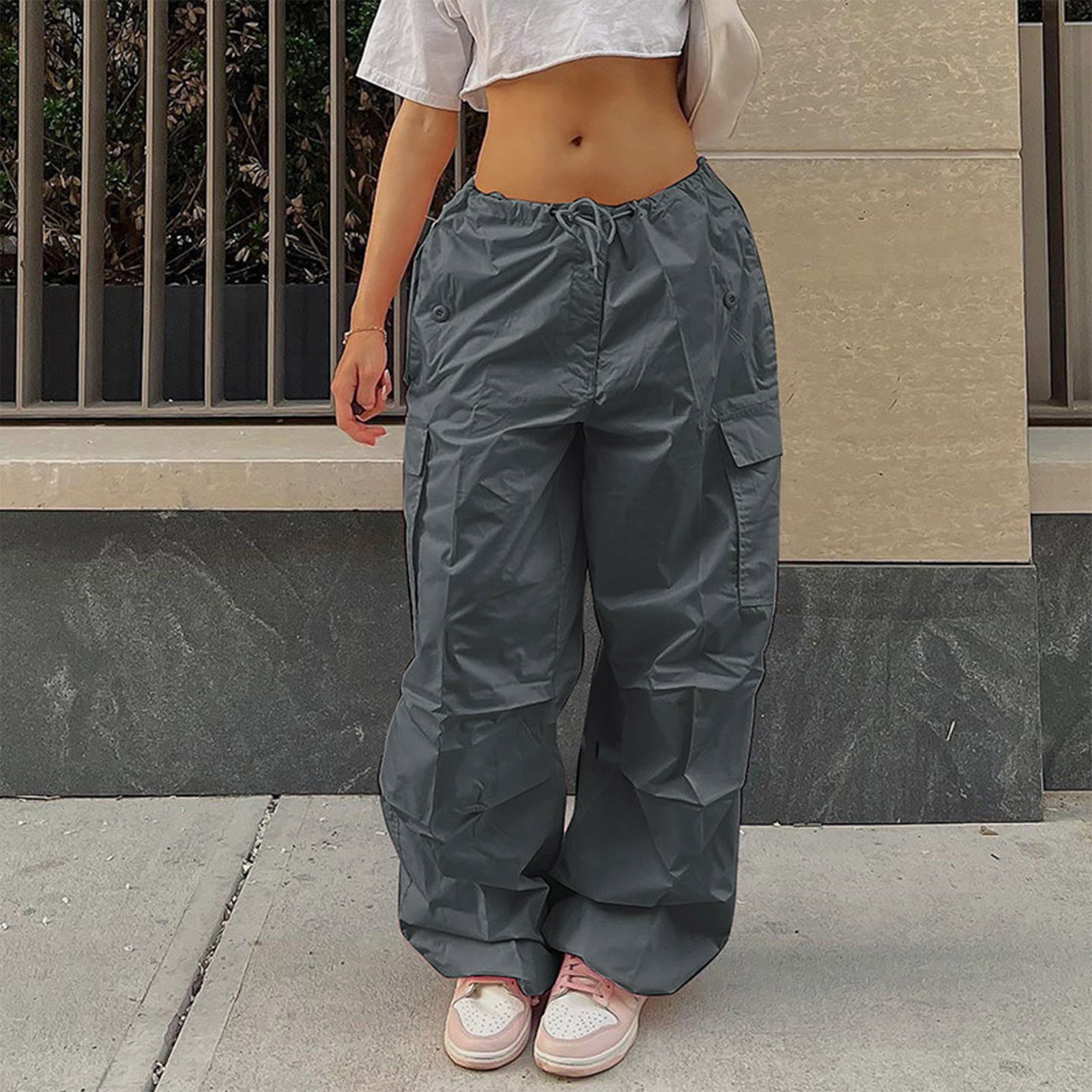 Buy QYANGG Baggy Parachute Pants for Women& Girls Drawstring Elastic Low  Waist Ruched Cargo Pants Multiple Pockets Jogger Y2K, Orange, Small at