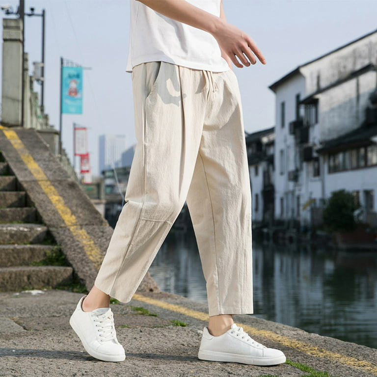 QWANG Men's Casual Fashion Solid Color Cotton Linen Pants Comfortable  Breathable Trousers 