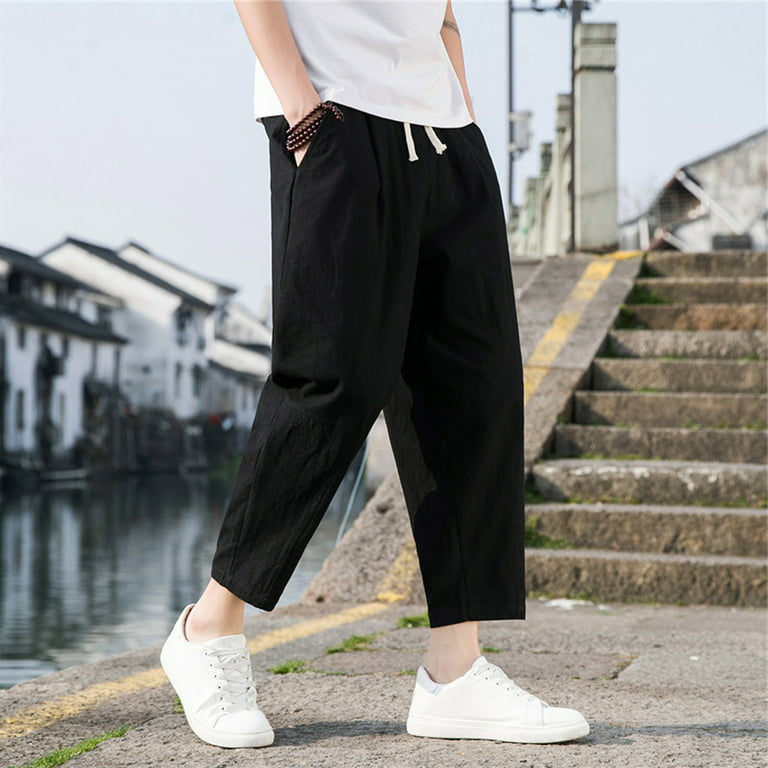 QWANG Men's Casual Fashion Solid Color Cotton Linen Pants Comfortable  Breathable Trousers