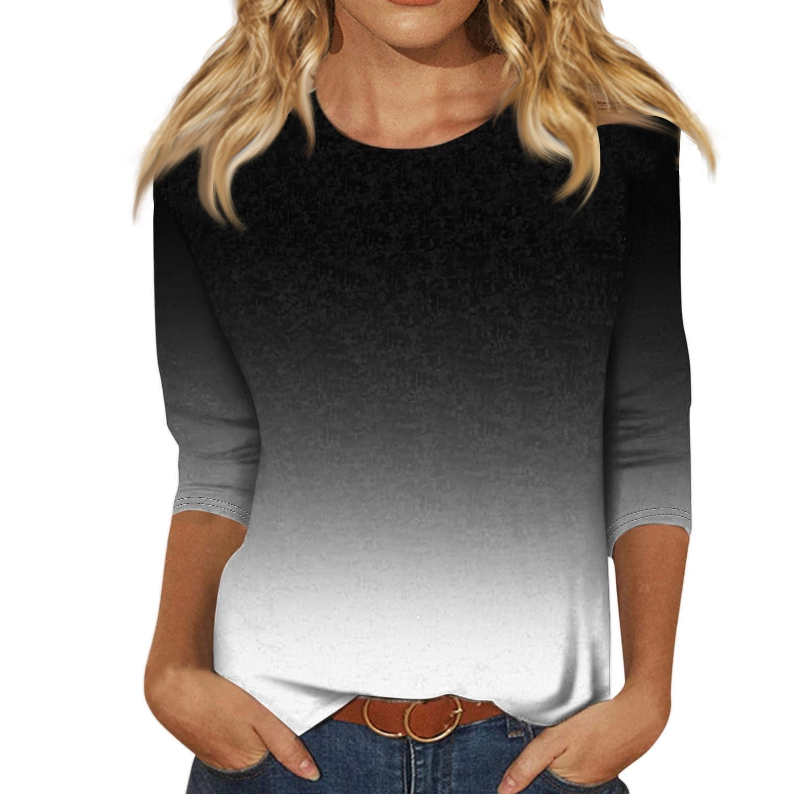 QWANG Plus 3/4 Sleeve Tops Clearance Elbow Round Neck T Shirts Half ...