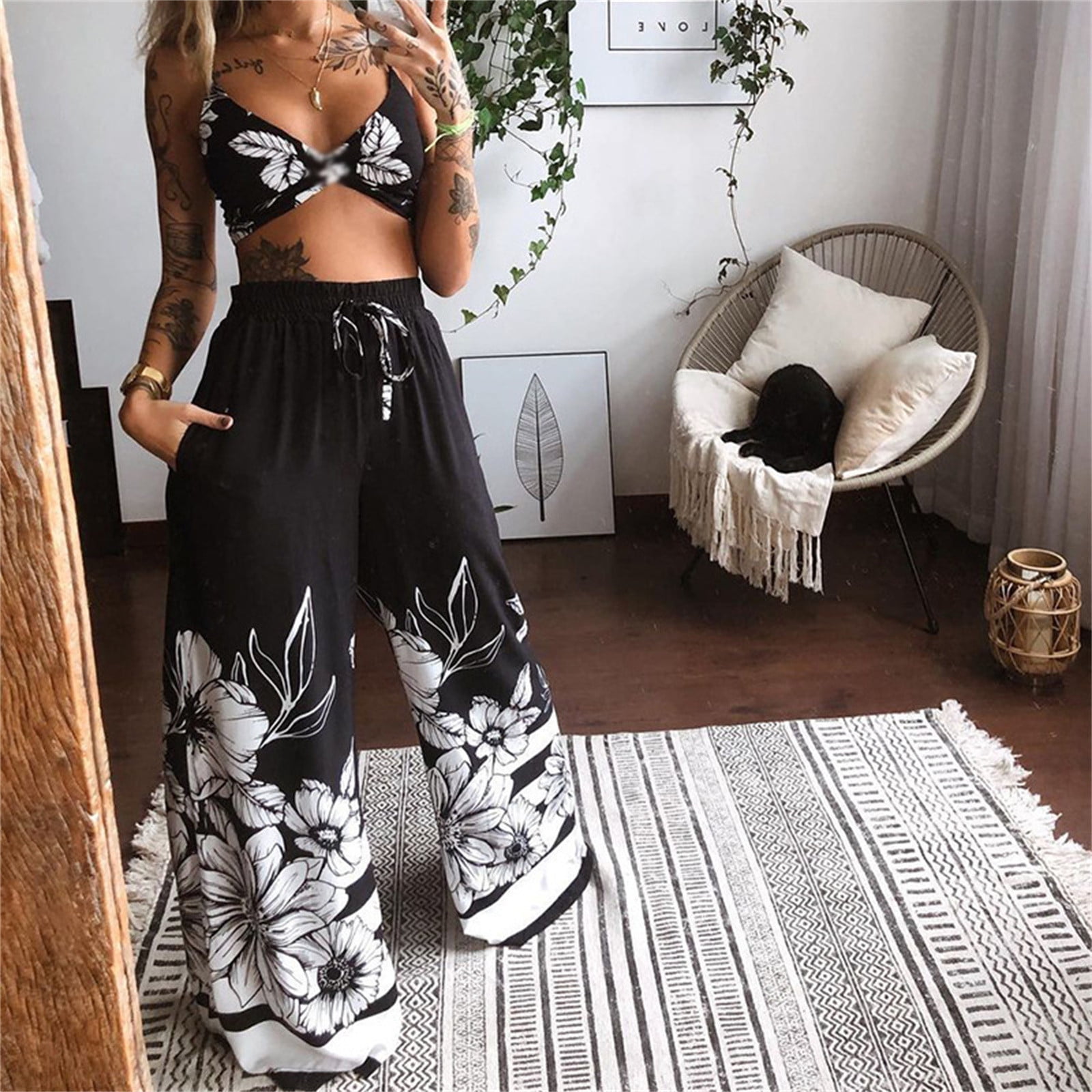 Women's 2 Piece Boho Summer Outfits Bohemian Floral Butterfly Print Sexy  Crop Tops Wide Leg Loose Palazzo Pants 2Pcs Set