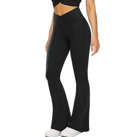 QWANG Women’s Black Flare Yoga Pants, Crossover High Waisted Casual Bootcut Leggings