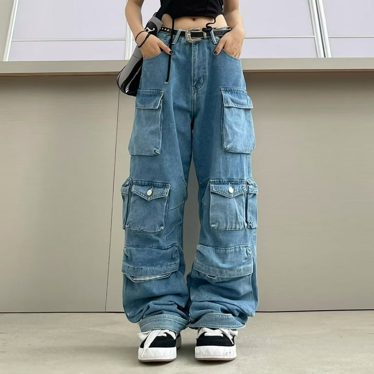QWANG Women's Pants Multi-Pocket Relaxed Fit Jeans Stretch Denim Pants With Pockets Trousers