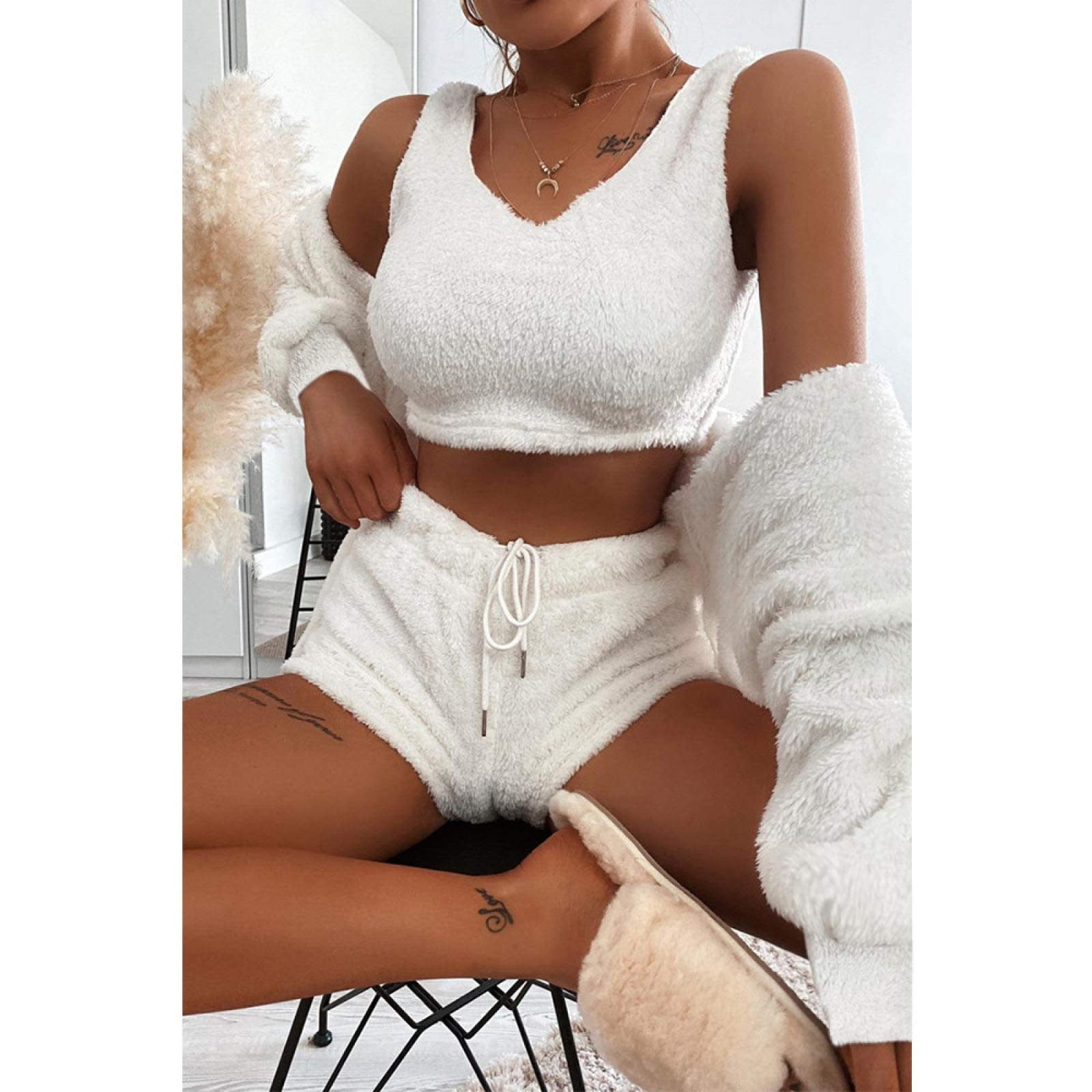 QWANG Women s Sexy Fuzzy Pyjamas 3 Pieces Plush Coat Tank Top Shorts Lacing Short Cardigan Coat Plush Sleepwear Set Soft Loungewear Sleepwear for Women Outfits Fleece Warm Pajamas S 2XL Walmart