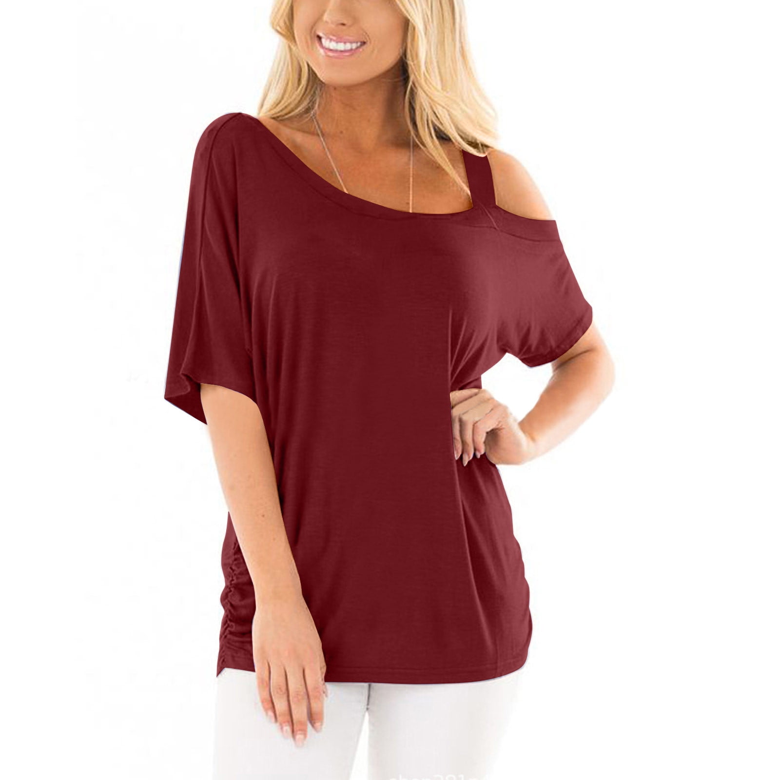 QWANG Women's Summer T-shirt Casual Short Sleeve Asymmetric Solid Color  Loose Top