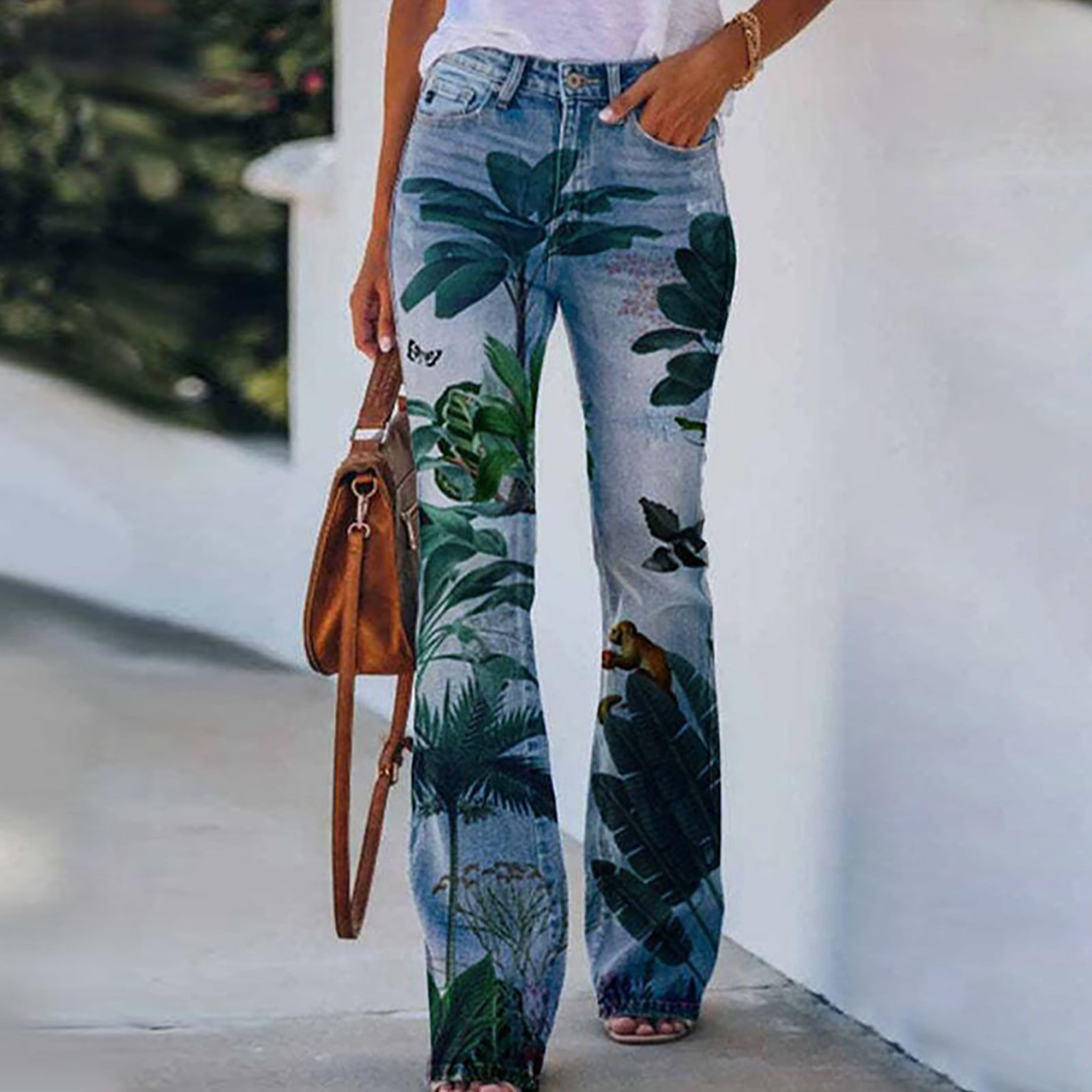 QWANG Womens High Waist Wide Leg Jeans Button Zipper Cute Printed Denim ...