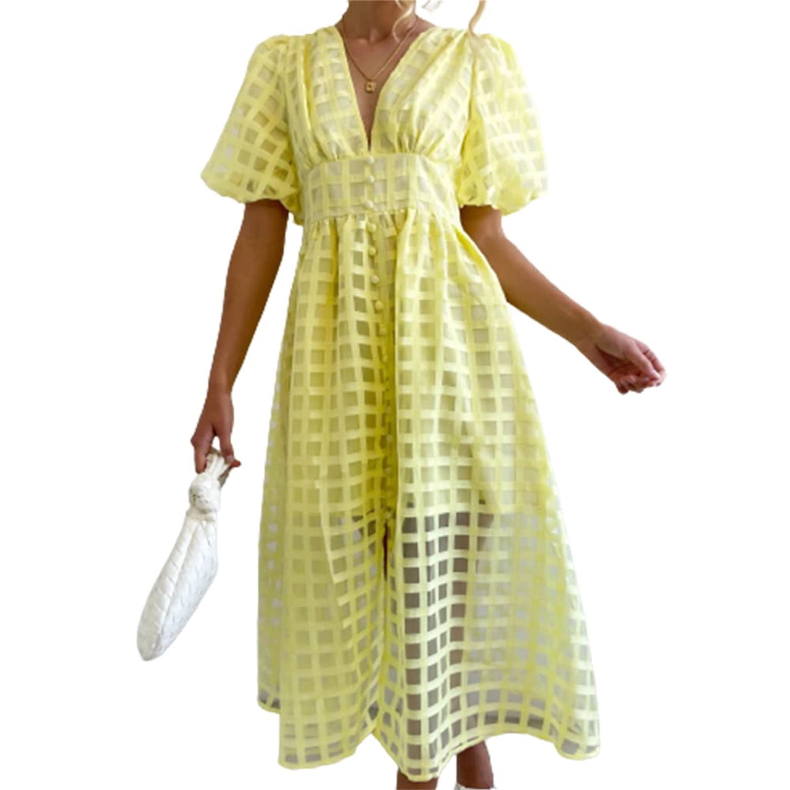 Fine Yellow Puff Sleeve Patchwork Chiffon Dress Summer