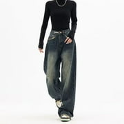 QWEEK Harajuku Women Baggy Jeans Y2K Vintage Streetwear Loose Korean Fashion High Waist Pants Femme Wide Leg Denim Trousers
