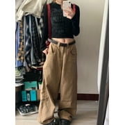 QWEEK Vintage Baggy Pants Women Y2K High Waist Loose Casual Trousers Khaki Korean Streetwear Straight Wide Leg Cargo Jeans