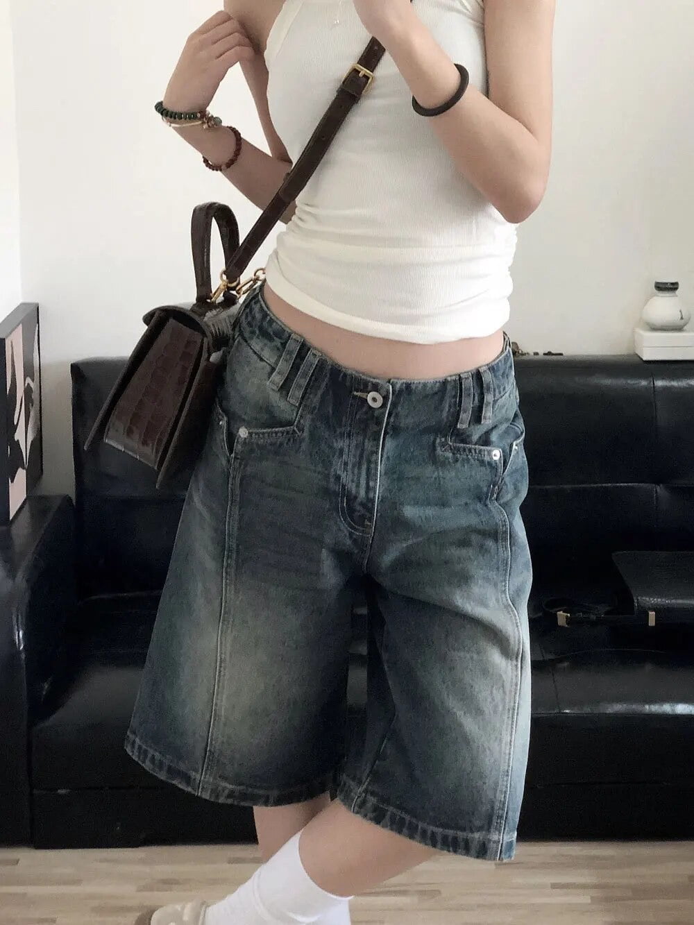 QWEEK Y2K Vintage Denim Shorts Women Baggy High Waist Korean