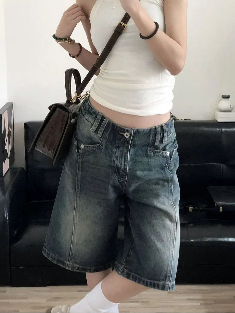QWEEK Y2K Vintage Denim Shorts Women Baggy High Waist Korean
