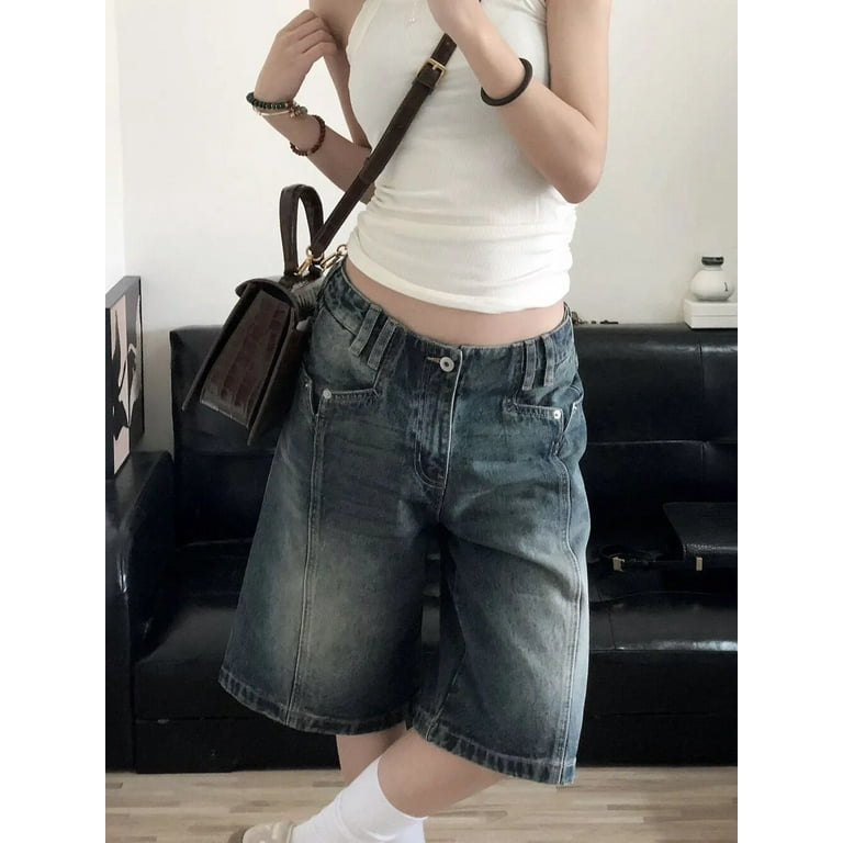 QWEEK Y2K Vintage Denim Shorts Women Baggy High Waist Korean