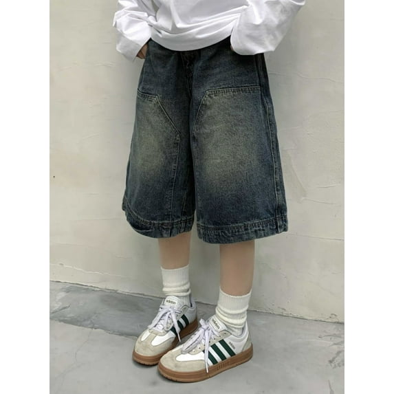 QWEEK Y2k Vintage Baggy Jorts Women Wide Leg Five Points Jeans Korean Streetwear Casual Oversize Washed Denim Shorts Summer