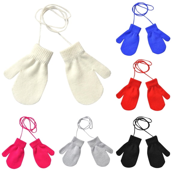 QWERTY Kids Winter Solid Knit Gloves with String Cute Warm Cold Weather Outdoor Daily Winter Warm Mittens