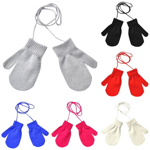 QWERTY Kids Winter Solid Knit Gloves with String Cute Warm Cold Weather Outdoor Daily Winter Warm Mittens