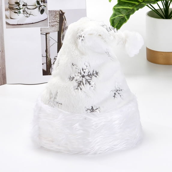 QWERTY White Santa Hat with Sequins Snowflake Embroidery Holiday Party Hat for Adults One Size