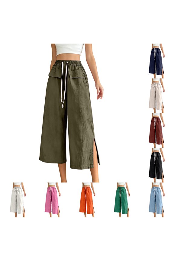 Womens Breathable Front Pocket Cropped Trousers Asian Style Casual Daily Comfort Pants for Women Size M