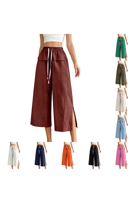 Womens Breathable Front Pocket Cropped Trousers Asian Style Casual Daily Comfort Pants for Women Size M