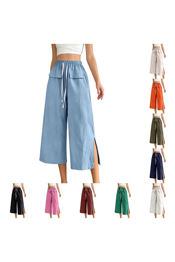 Womens Breathable Front Pocket Cropped Trousers Asian Style Casual Daily Comfort Pants for Women Size M