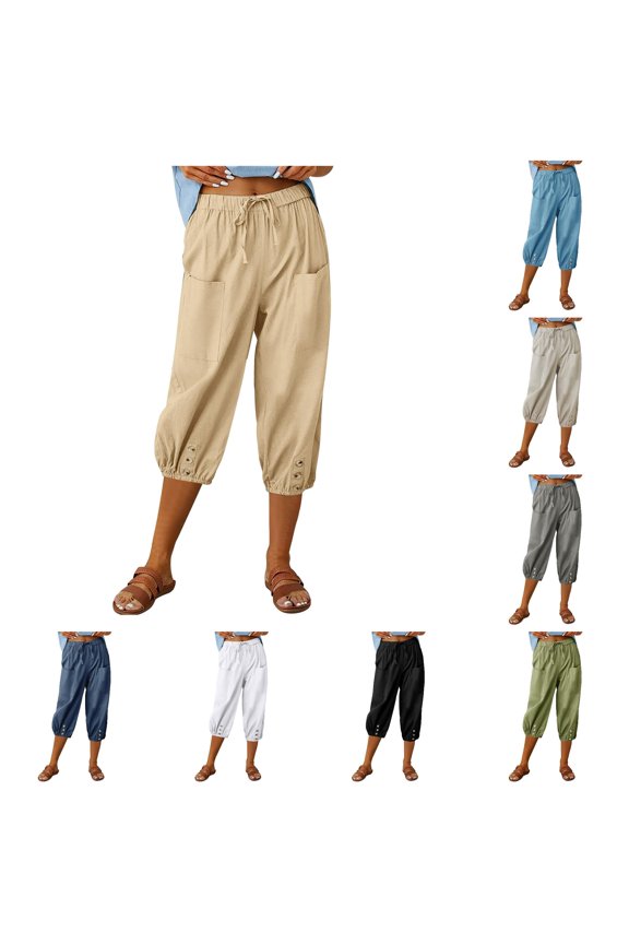 Womens Elastic High Waisted Loose Tapered Harem Pants Pocket Casual Cropped Trouser for Women Size S