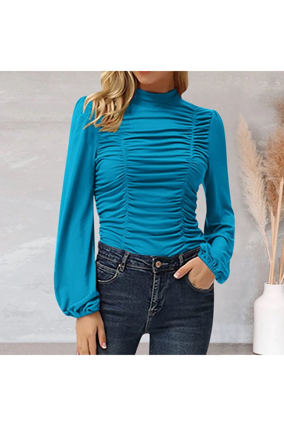 Womens Elegant Turtleneck Ruched Ruffle Long Sleeve Blouse Size S