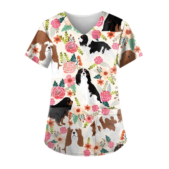 QWERTYU Pockets Short Sleeve Scrub Tops for Women V Neck Workwear Animal Print Uniform Scrubs Top Multicolor XL