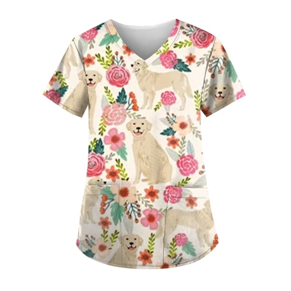 QWERTYU Short Sleeve Pockets Scrubs for Women Uniform Workwear V Neck Animal Print Scrub Tops Beige 5XL