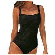QWERTYU Solid One Piece Swimsuit for Women Tummy Control Swimwear Bathing Suit Black L