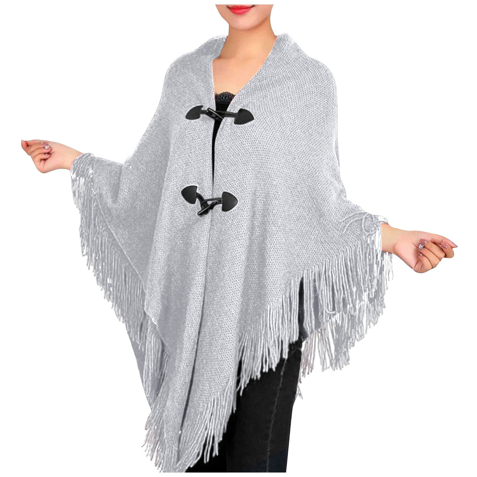 QWERTYU Women s Elegant Tassle Cape Knitted Button Up Poncho Sweater Coat Shawl Gray One Size
