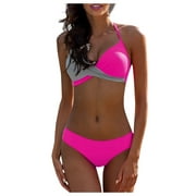 QWERTYU Women's Halter Color Block Twist Front Two Piece Bathing Suit Low Rise Swimsuit Sexy Wrap Bikini Sets Pink M