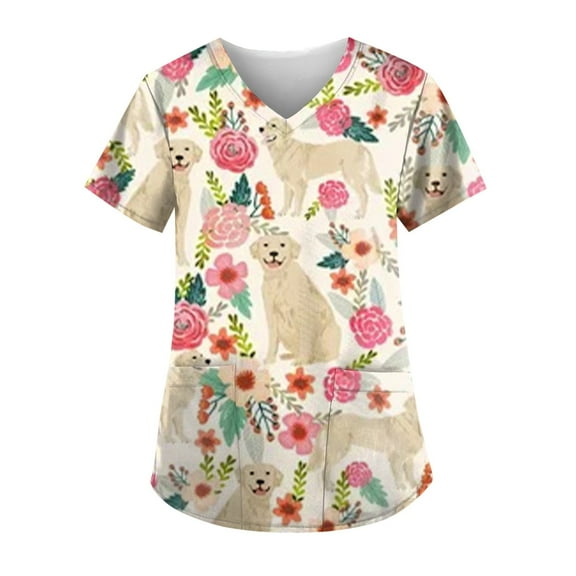 QWERTYU Womens Scrub Tops Short Sleeve Animal Print V Neck Workwear Uniform Pockets Scrubs Top Beige L