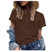 QWERTYU Womens Summer Classic-Fit Solid Color Short Sleeve Crewneck Tunic T-Shirt Coffee XL