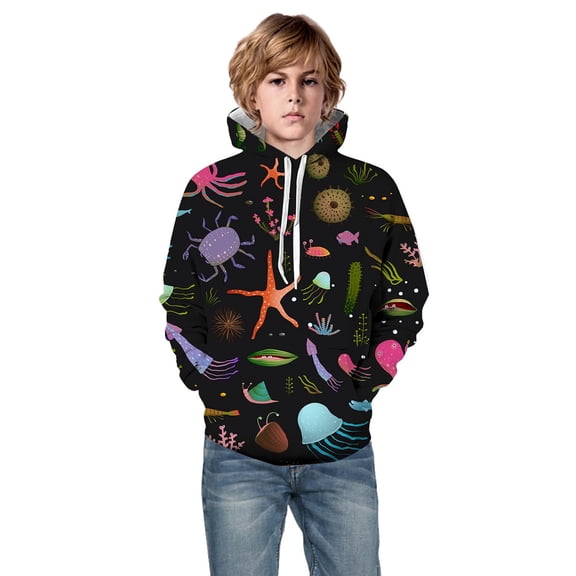 QWIED Boys Hoodies Little Kids Hooded Unisex Sweatshirt 3D Ocean Animals Printed Pullover with Pocket Sweatshirts Black 4 Years-5 Years