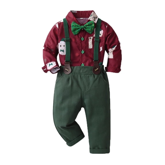 QWIED Boys Outfit Sets Toddler Long Sleeve Christmas Cartoon Animal Prints Shirt Tops and Suspender Pants Child Kids Gentleman Outfits Size 2-3