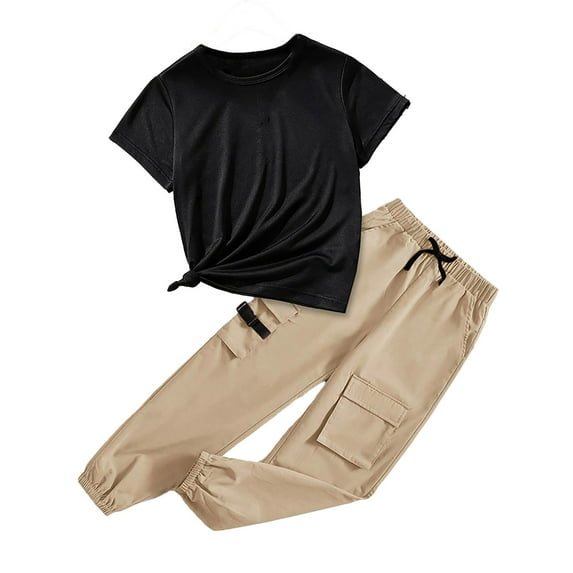 QWIED Girls Outfits Size 7-8 Solid Color Fashion Personality Short Sleeved Top Cargo Pants Suit Girls Clothing Set Khaki