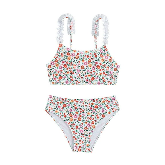 QWIED Girls Swimsuit Kids Cute Floral Print 2 Piece Bikini Set Suspenders Tube Top High Waisted Brief Swimwear Bathing Suit Swim Suit Size 9-10