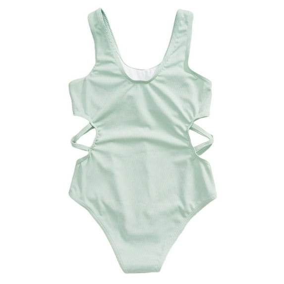QWIED Girls Swimsuit Toddler Kids One Piece Sleeveless Solid Color Cut Out Summer Seaside Bikini Swimwear Beachwear Swim Suit Size 7-8