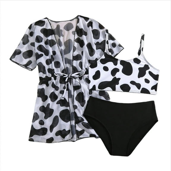 QWIED Swimsuit for Girls Children's Summer Fashion Cow Print Three Piece Bikini Suit Vest Top High Waisted Brief with Sun Protection Short Sleeved Robe Swim Suit Size 4-5
