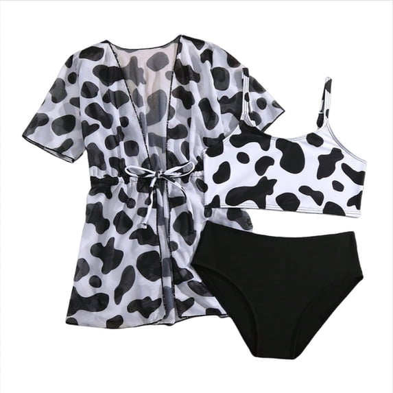 QWIED Swimsuit for Girls Children's Summer Fashion Cow Print Three Piece Bikini Suit Vest Top High Waisted Brief with Sun Protection Short Sleeved Robe Swim Suit Size 4-5