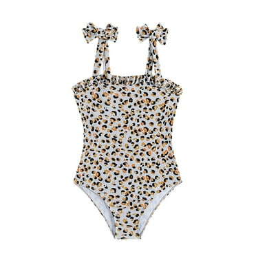 QWIED Swimsuit for Girls Kids Bow Suspenders Ruffle Edge Leopard Print Swimwear One Piece Tankini Set Bathing Suit Swim Suit Size 9-10