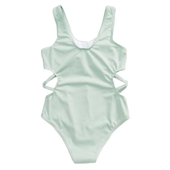 QWIED Swimsuit for Girls Toddler Kids One Piece Sleeveless Solid Color Cut Out Summer Seaside Bikini Swimwear Beachwear Swim Suit Size 9-10