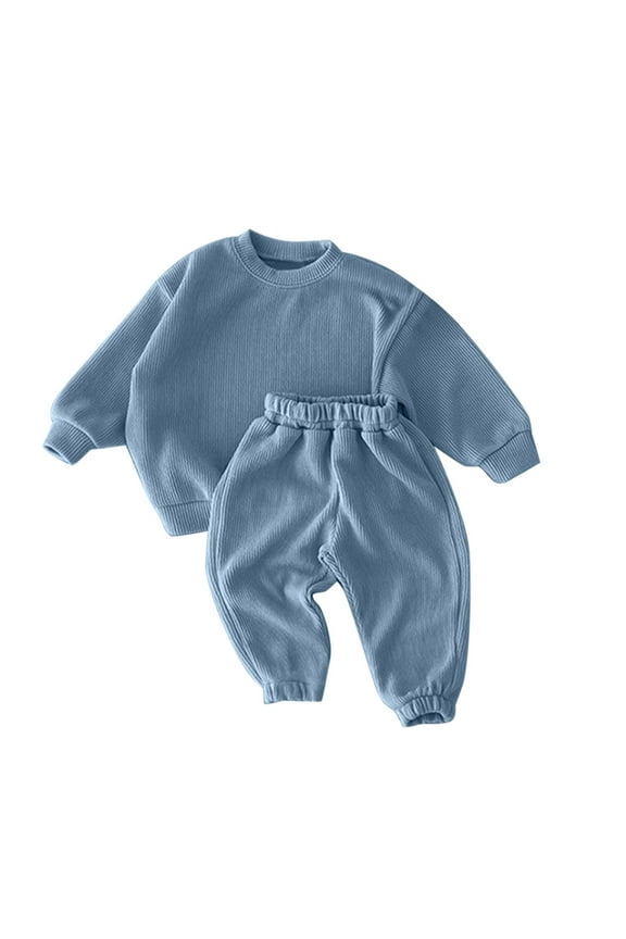 Toddler Boy Outfits Baby Autumn Solid Long Sleeve Long Pants Set Clothes Toddler Outfits Blue 18 Months-24 Months