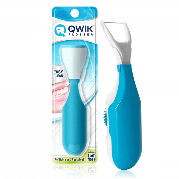 QWIK Automatic Dental Flosser | Click-to-Use, Reusable & Refillable | Pre-Loaded Floss with Travel Cover | Easy Flossing for Plaque Removal, Clean Teeth & Fresh Breath (Light Blue)