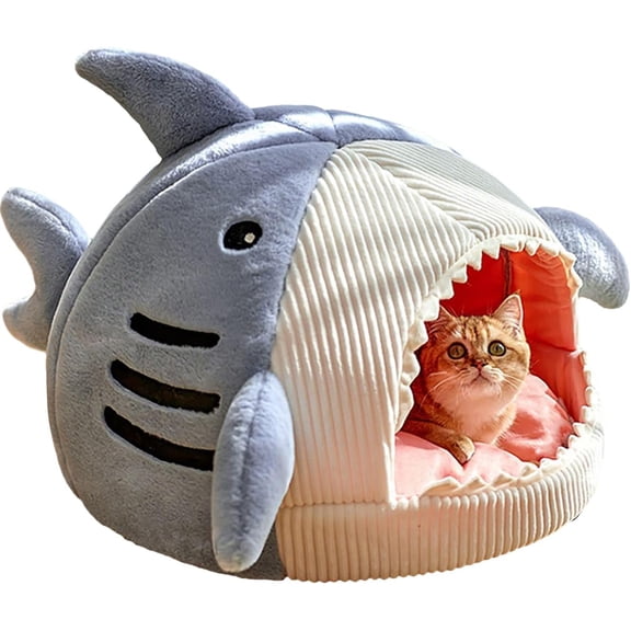 QWINEE Cat Mat Shark-Shaped Kennel Kitten Bed Hideout House Warm Soft Comfortable Semi-Closed Cat Dog Nest