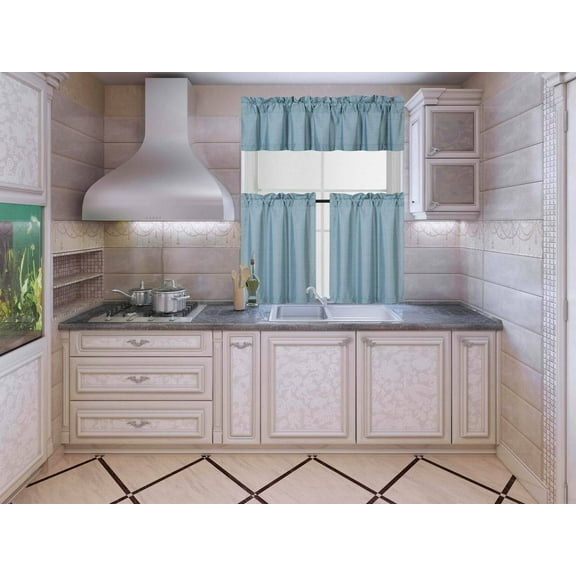 QWK4 TEAL color 3pcs Kitchen Curtain window treatment rod pocket 1 Valance and 2 Tiers lined blackout panels for bathroom , bedroom décor