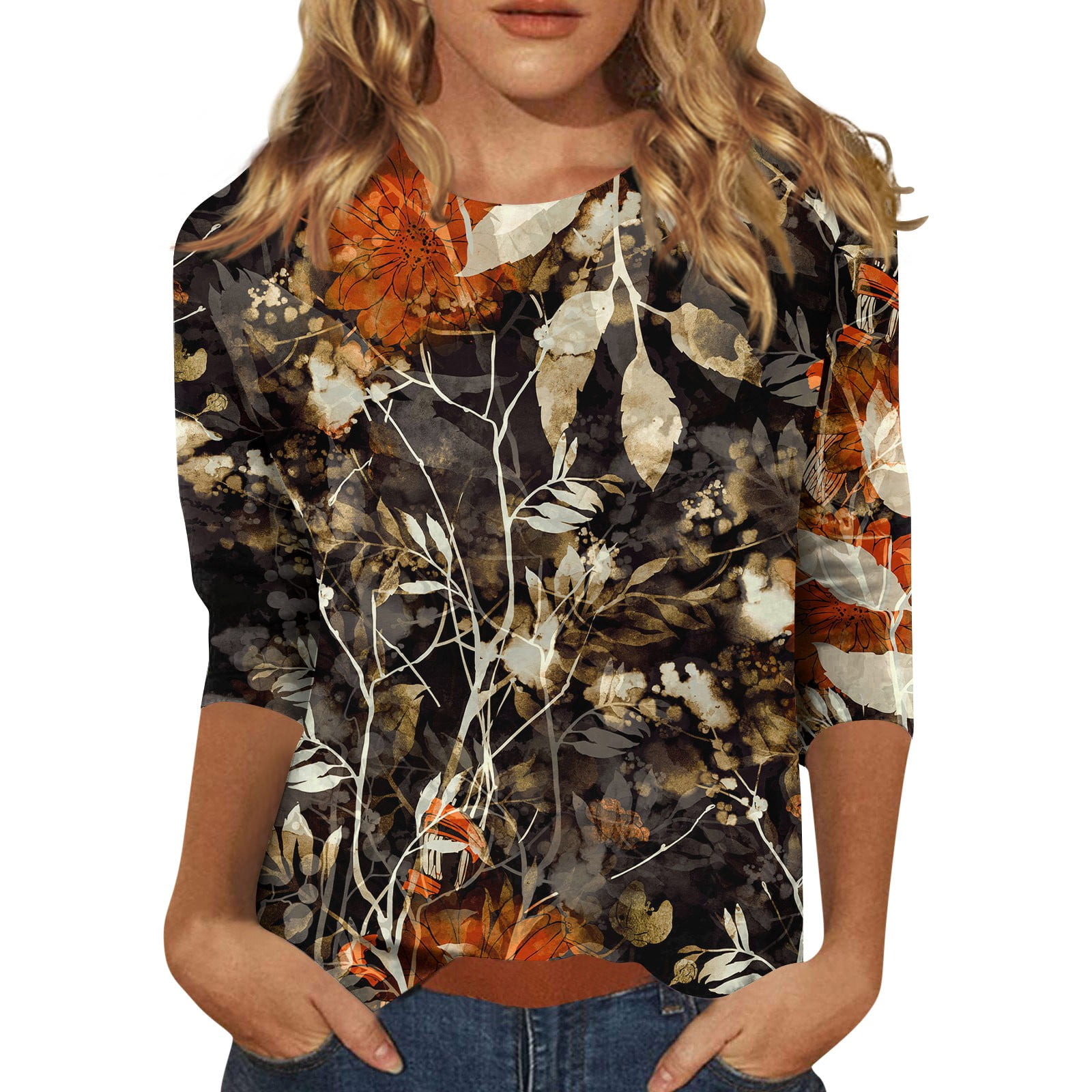 QWKLEAJ 3/4 Length Sleeve Womens Tops Summer Trendy Maple Leaves Print