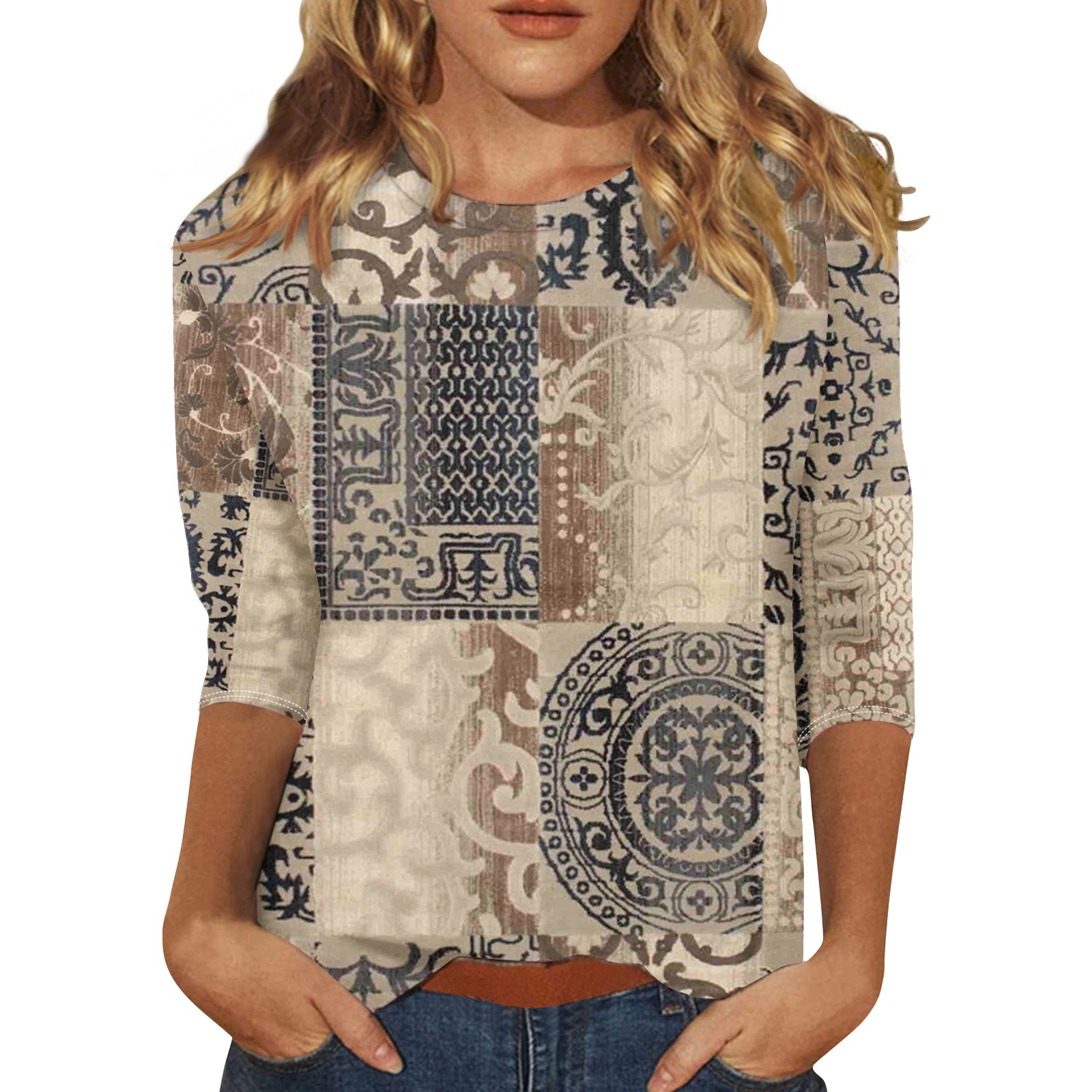 QWKLEAJ 3/4 Sleeve Tops for Women Summer Crew Neck Shirts Vacation