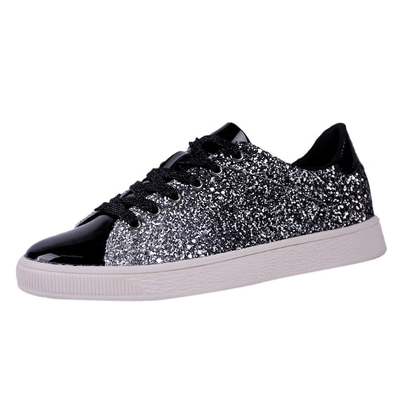 QWKLEAJ Black Women's Glitter Tennis Sneakers Lightweight Sparkly Fashion Sneakers Non Slip Flat Sole Gradient Shiny Casual Walking Shoes for Party Daily Street Wear 7.5